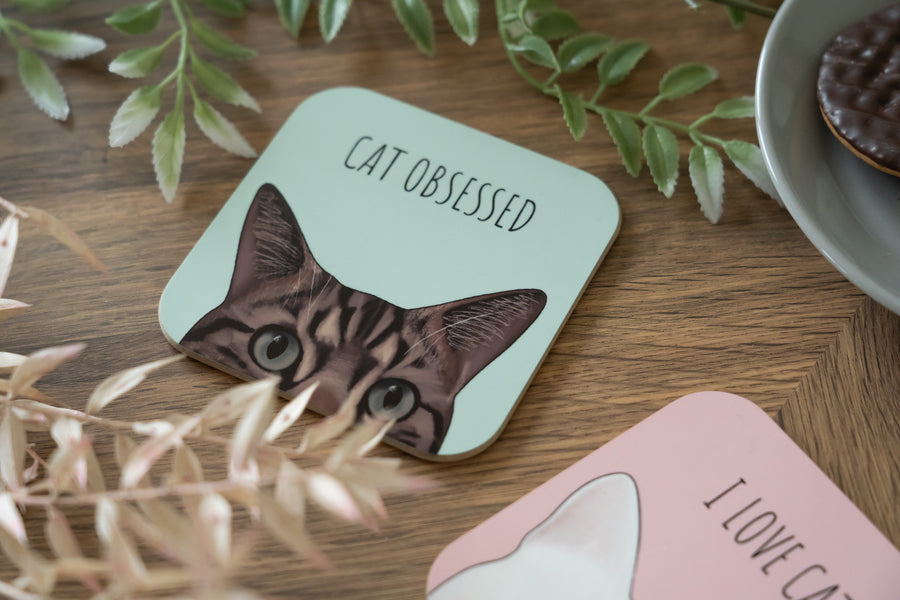 Green Cat Obsessed Tabby Cat Coaster