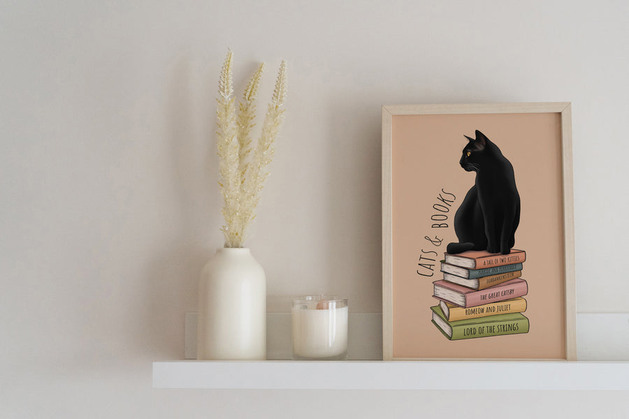 Cat and Books Art Print