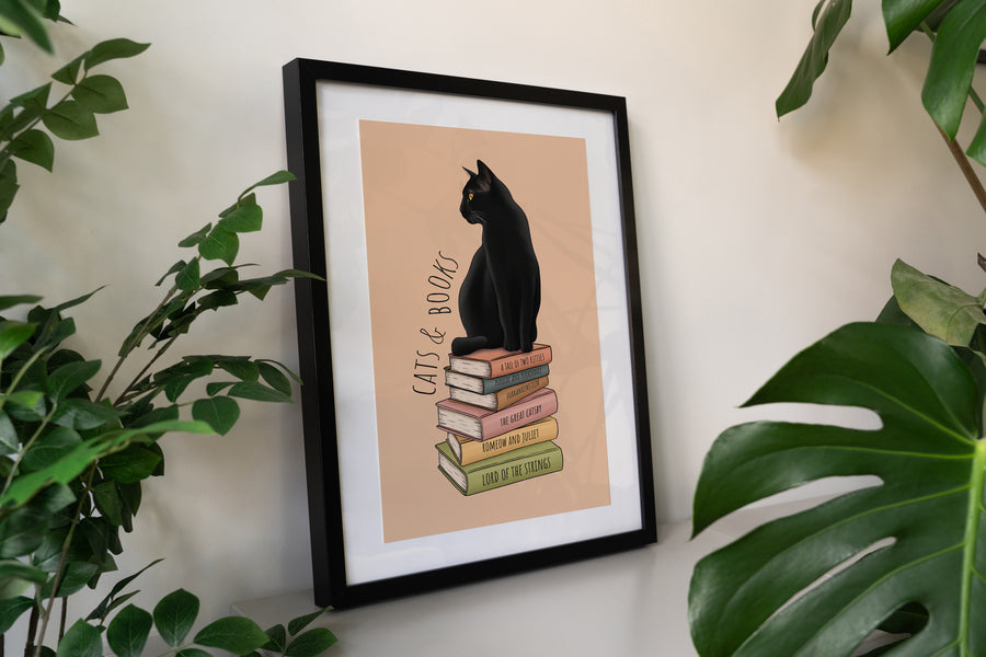 Cat and Books Art Print