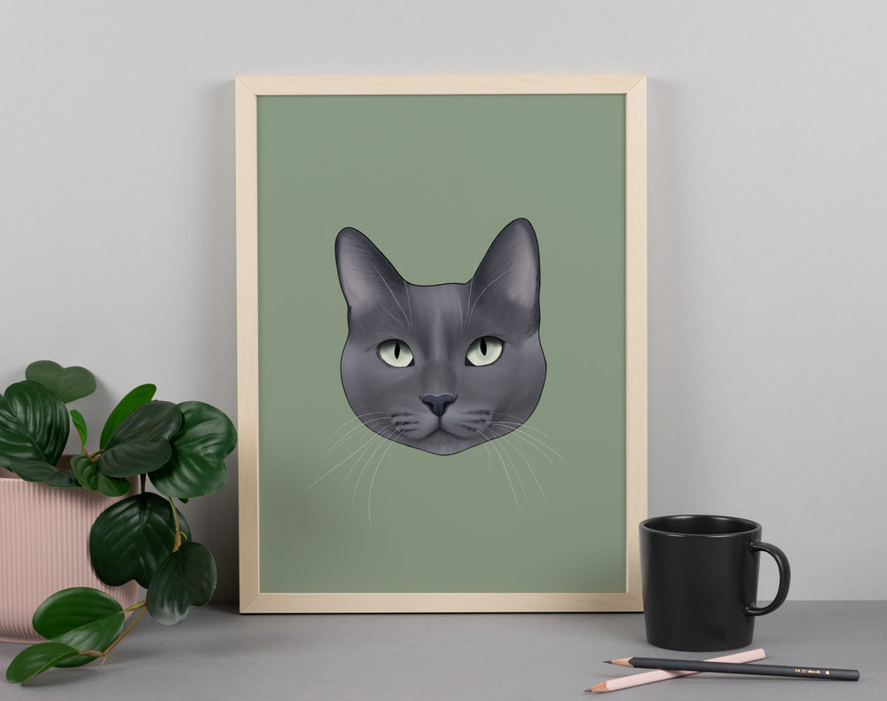 Blue Grey Cat Print