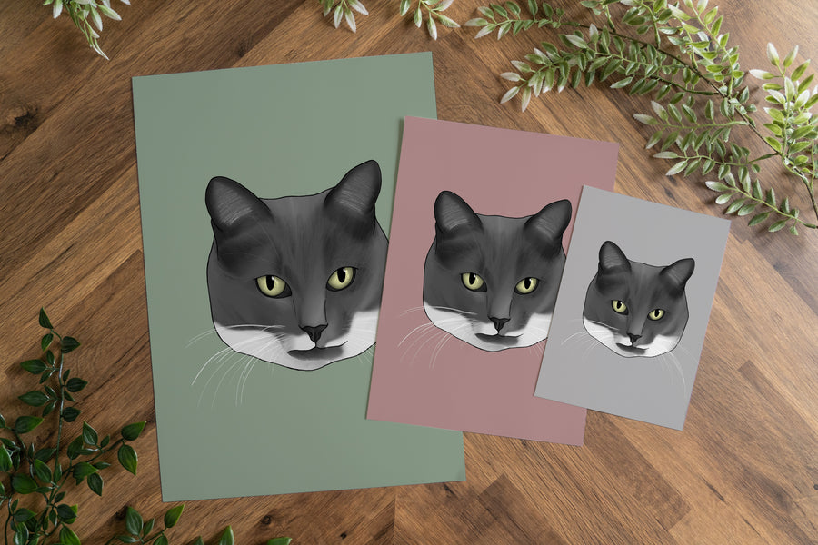 Grey and White Cat Print