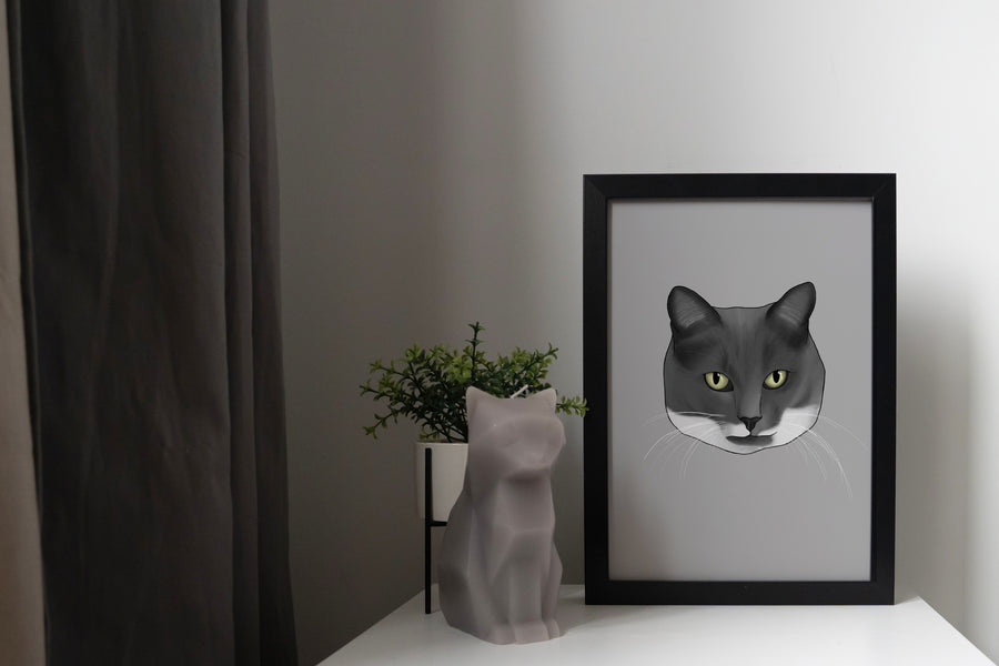 Grey and White Cat Print