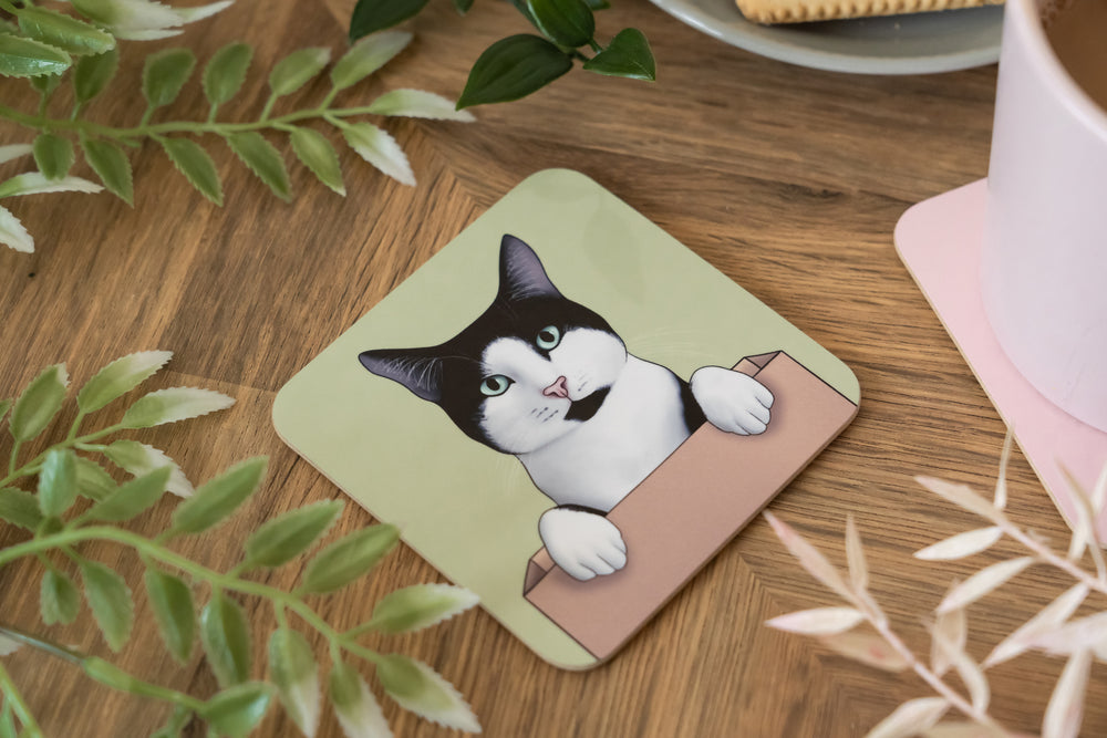 Tuxedo Cat in a Box Coaster