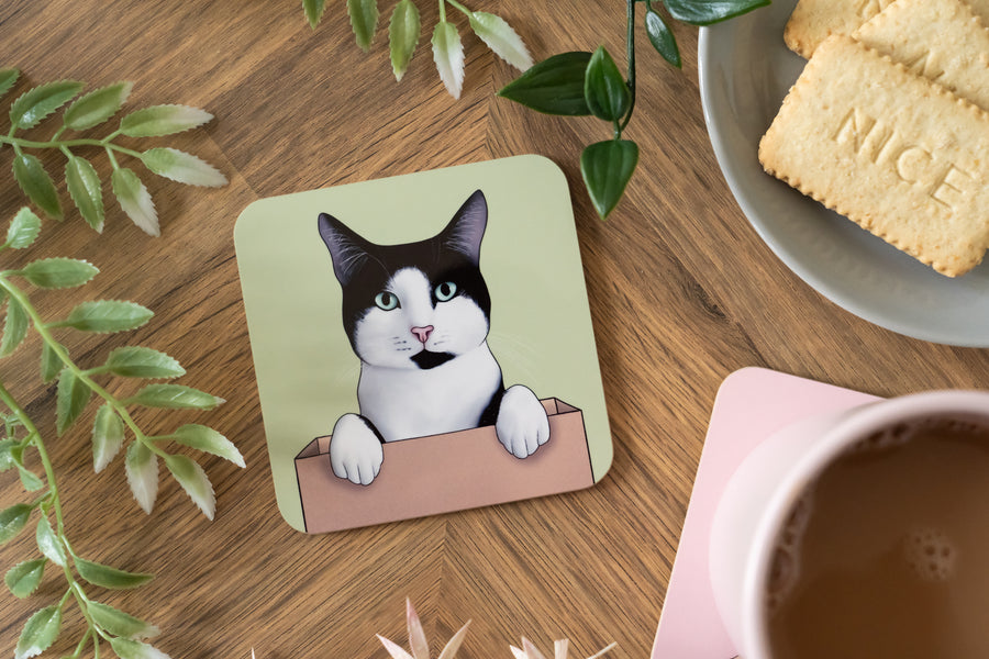Tuxedo Cat in a Box Coaster