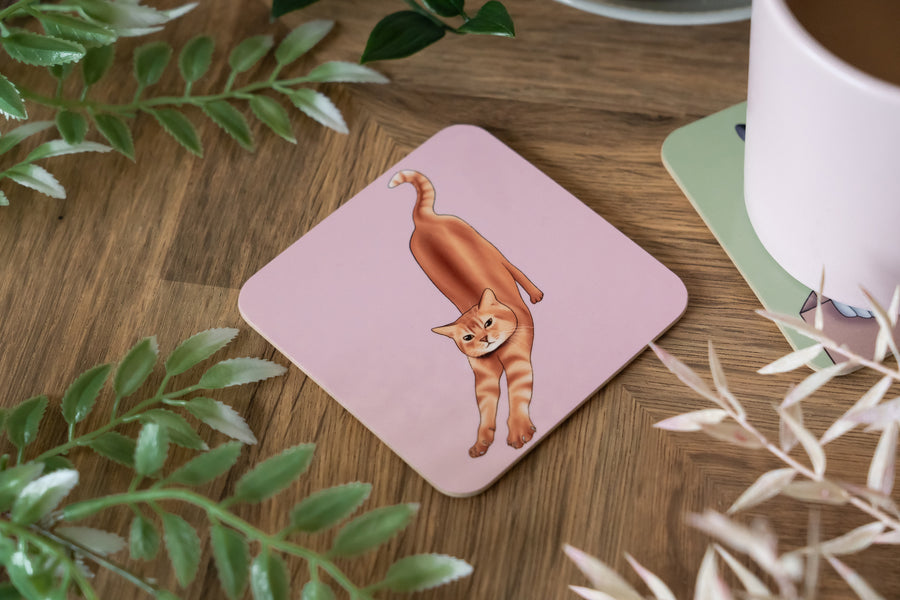 Stretching Orange Cat Coaster