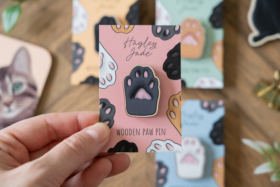 Grey Cat Paw Wooden Pin