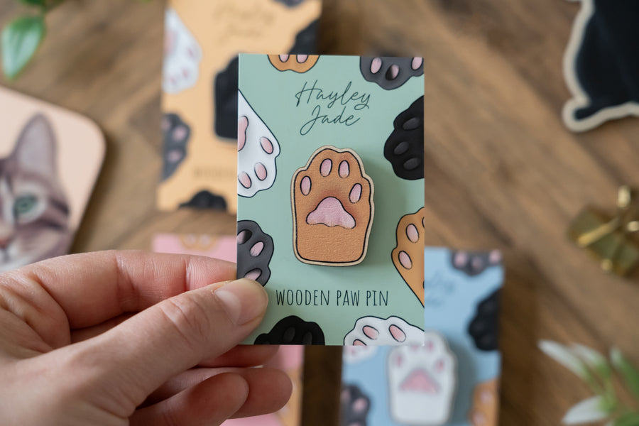 Orange Cat Paw Wooden Pin
