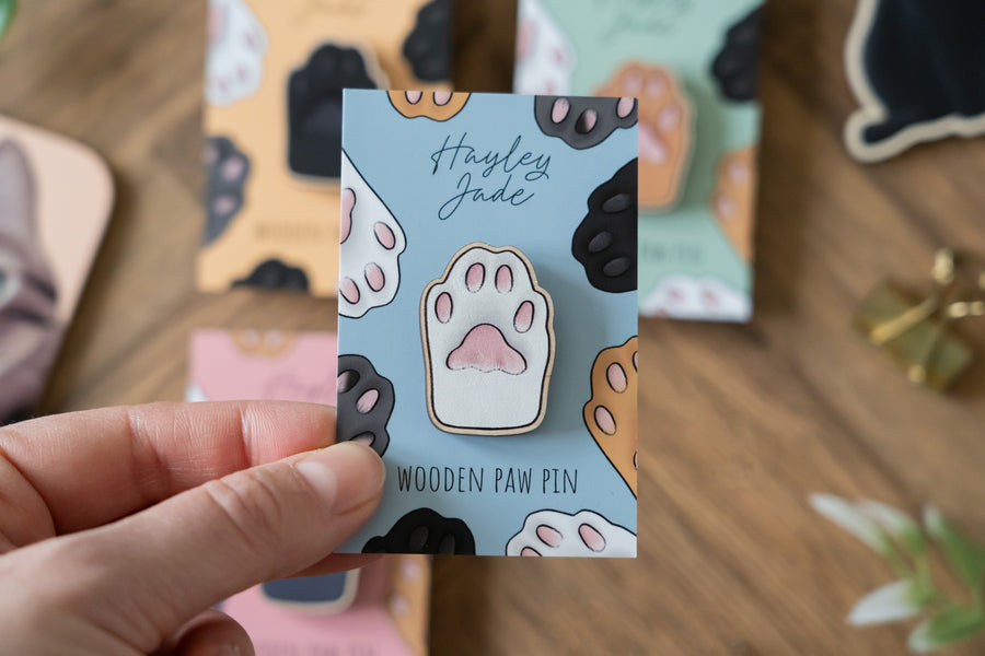 White Cat Paw Wooden Pin