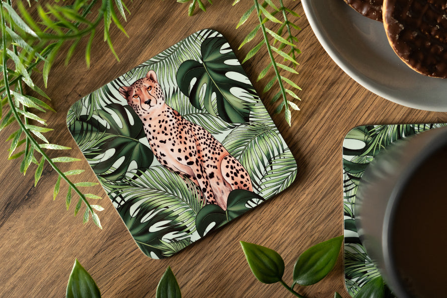 Cheetah and Leaves Coaster