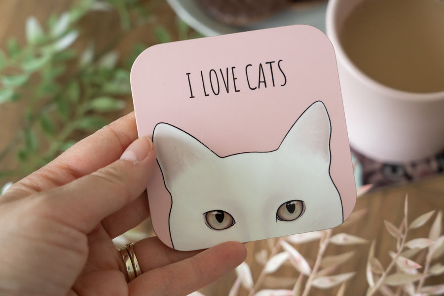 Pink I Love Cats White Cat Coaster
