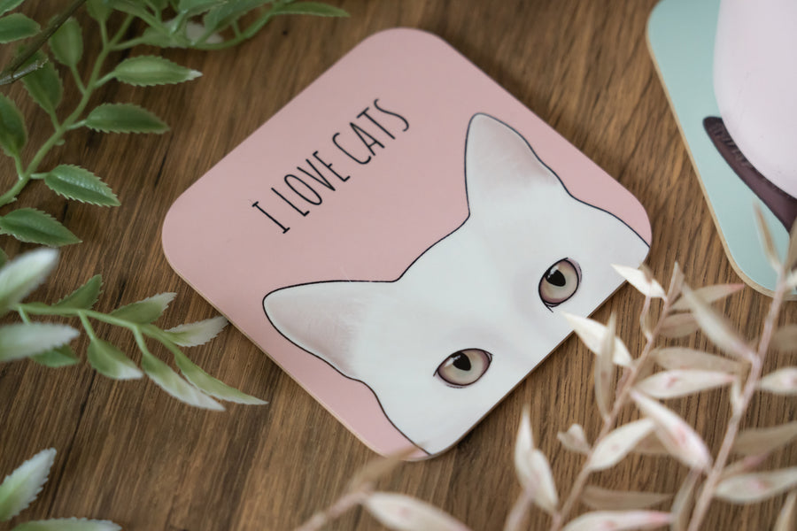 Pink I Love Cats White Cat Coaster