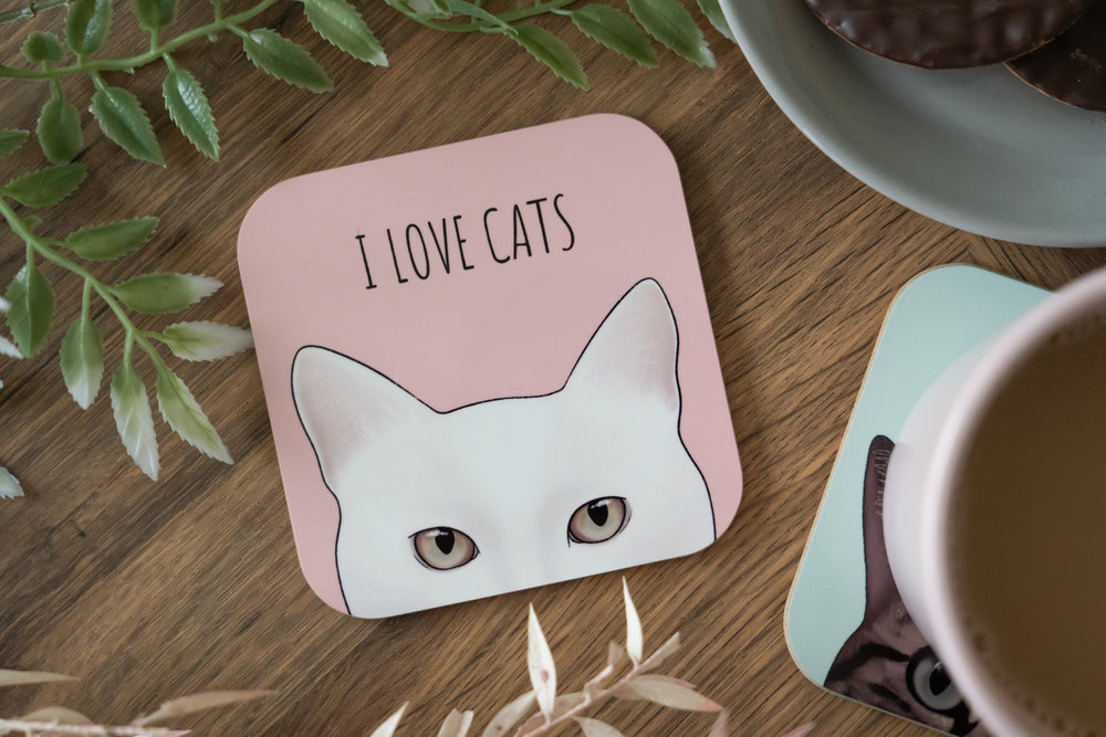 Pink I Love Cats White Cat Coaster