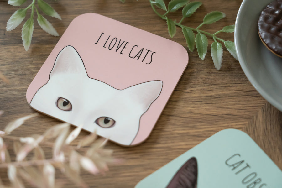 Pink I Love Cats White Cat Coaster