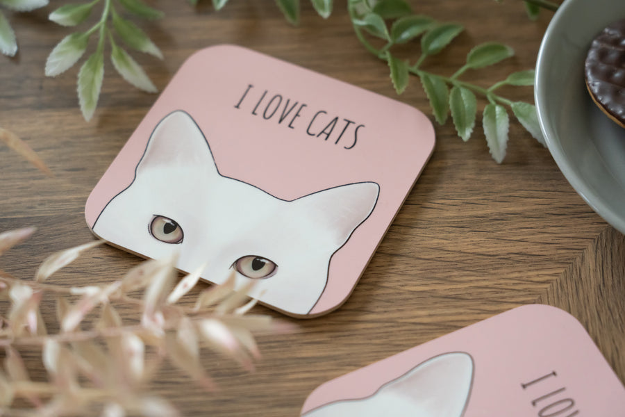 Pink I Love Cats White Cat Coaster
