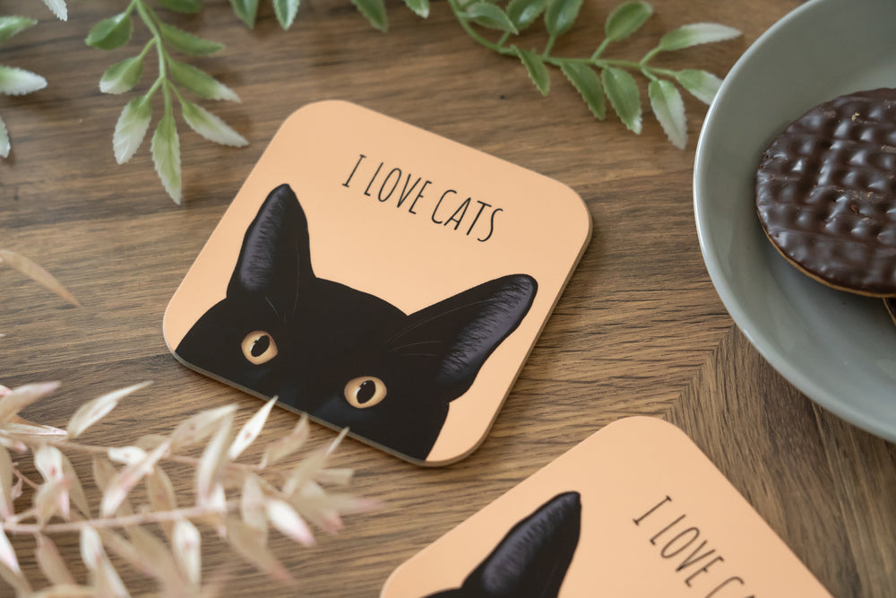 Yellow I Love Cats Black Cat Coaster