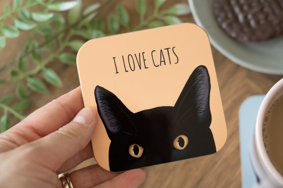 Yellow I Love Cats Black Cat Coaster