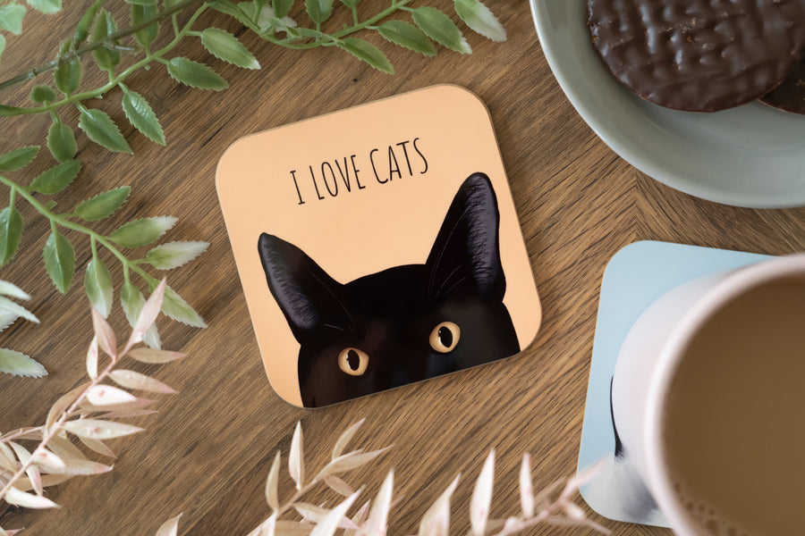 Yellow I Love Cats Black Cat Coaster