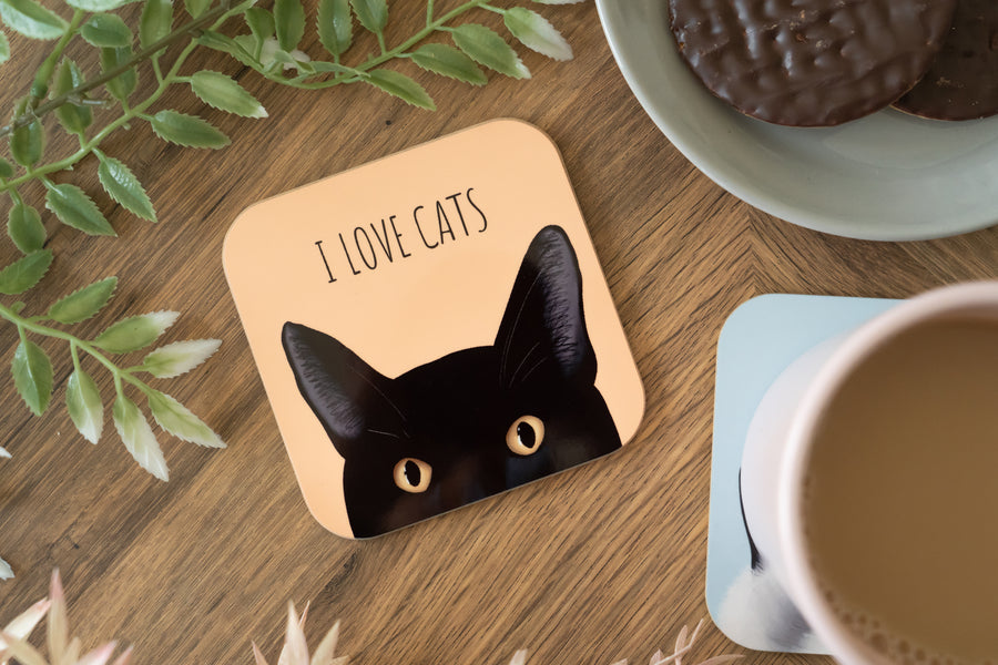 Yellow I Love Cats Black Cat Coaster