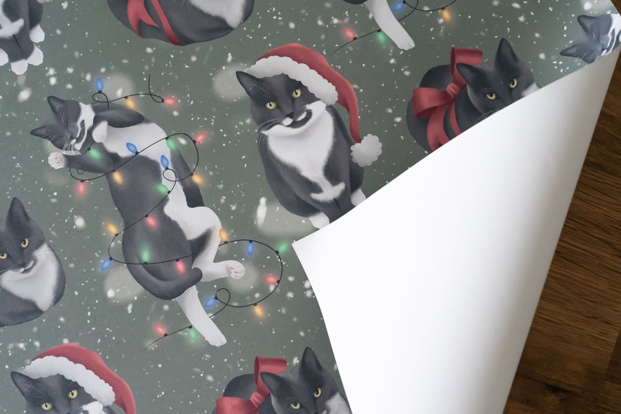 Christmas Cats Green Wrapping Paper