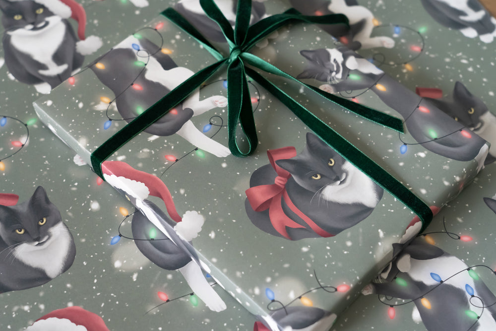 Christmas Cats Green Wrapping Paper