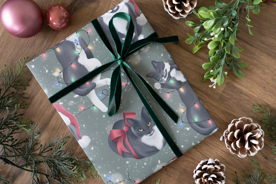Christmas Cats Green Wrapping Paper