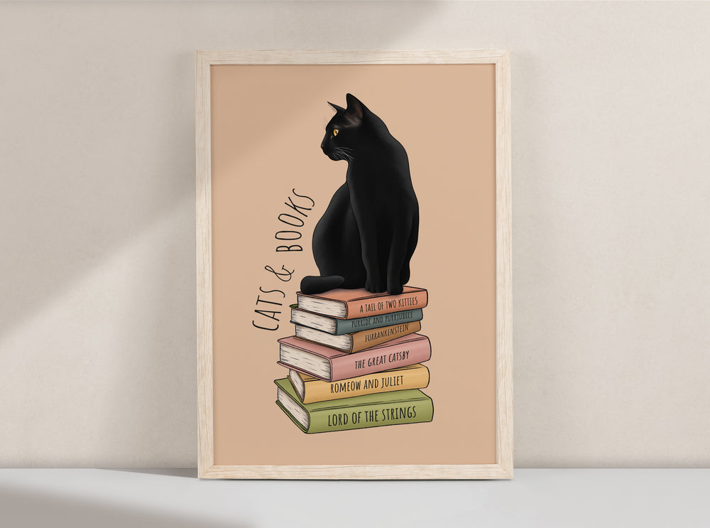 Cat and Books Art Print