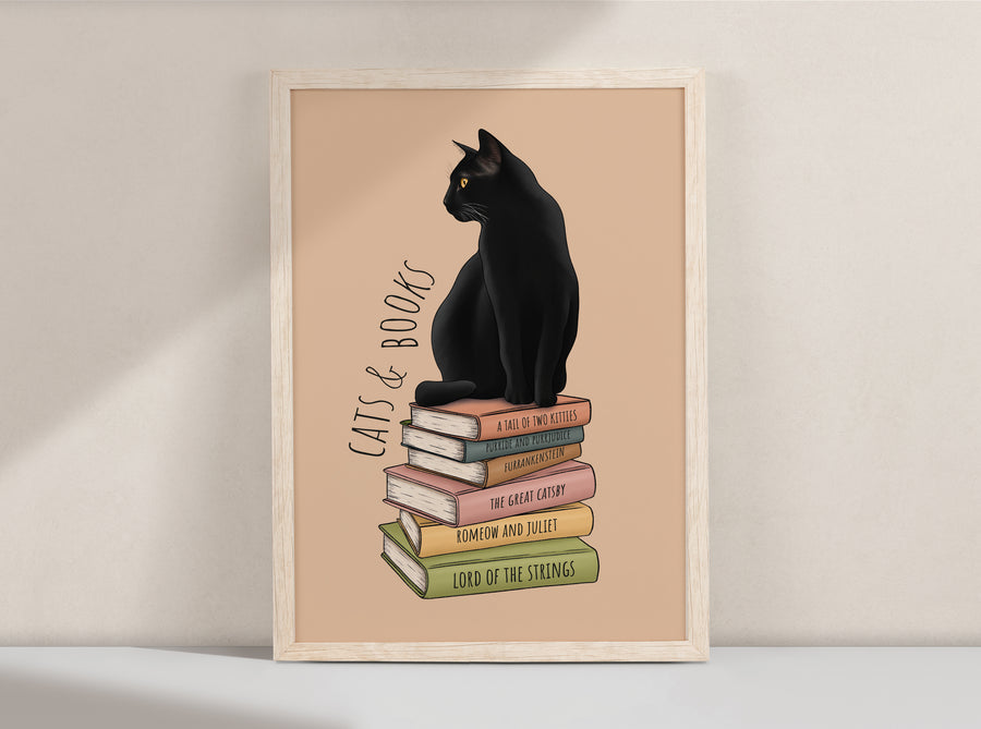 Cat and Books Art Print