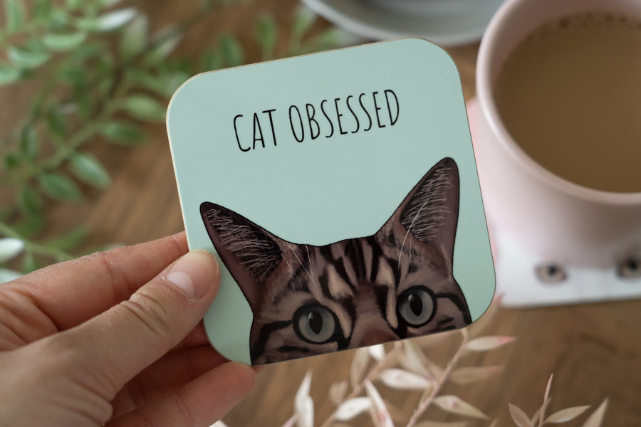 Green Cat Obsessed Tabby Cat Coaster