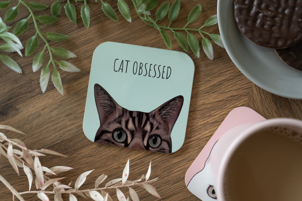 Green Cat Obsessed Tabby Cat Coaster