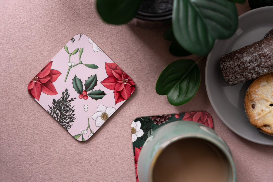 Botanical Christmas Pink Coaster