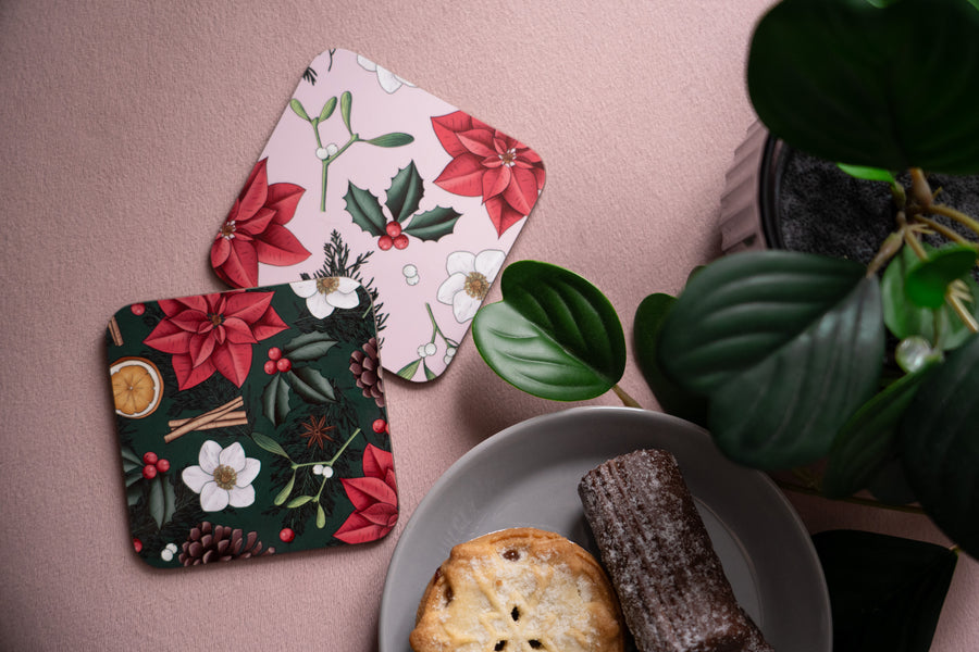 Botanical Christmas Pink Coaster